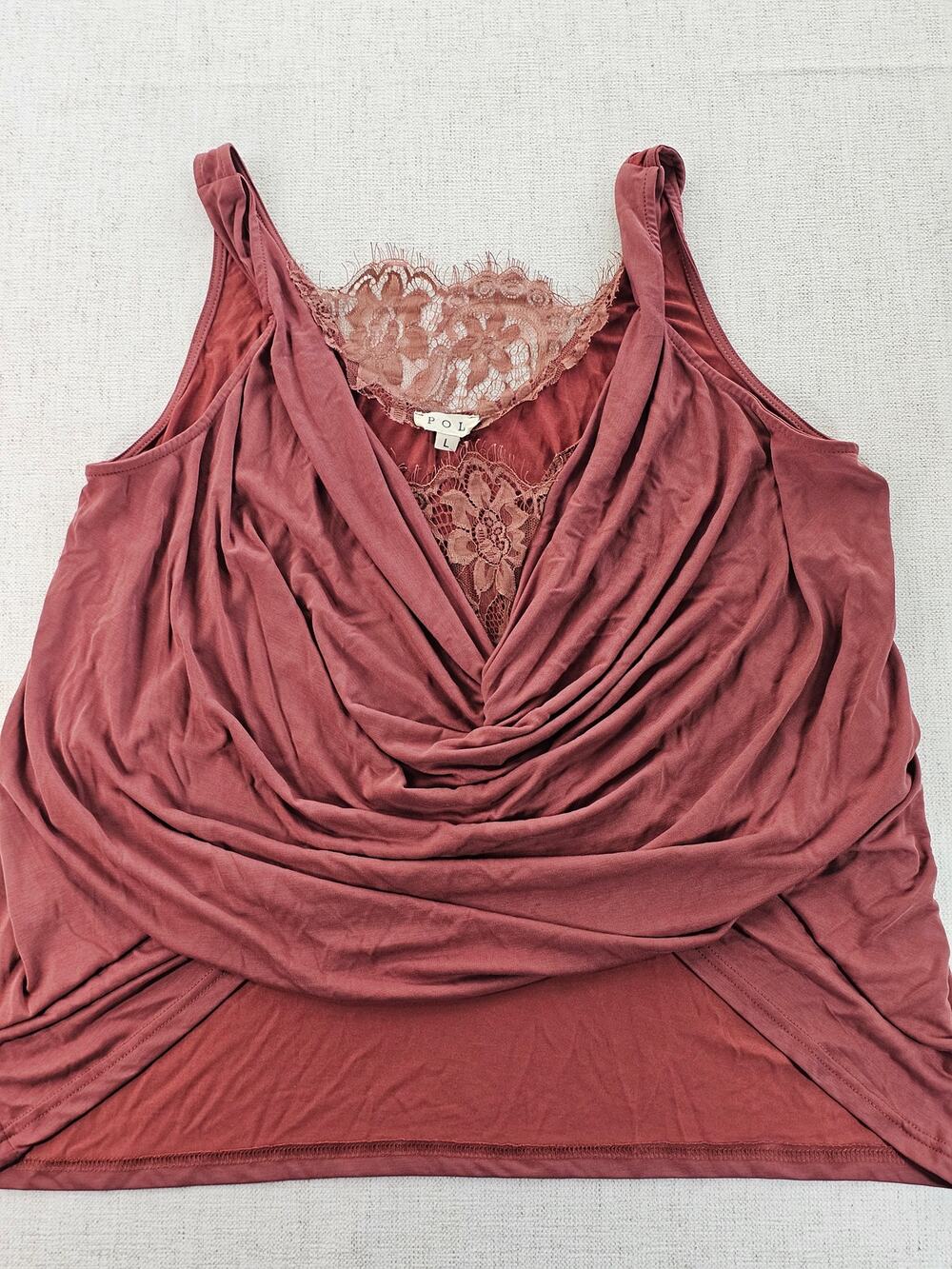 POL L‎ Dusty Pink Draped Cowl Neck Crochet Lace Flowy Tank